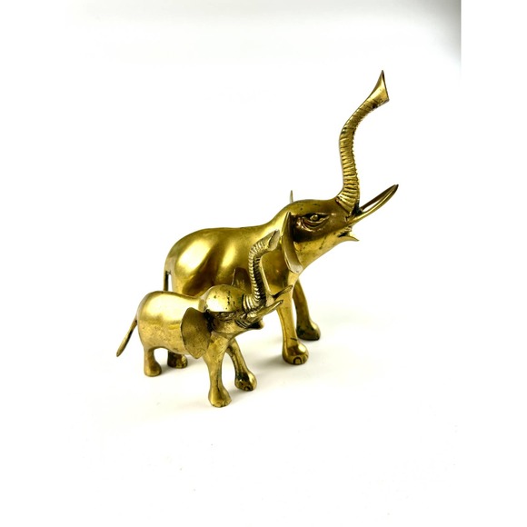 Vintage Solid Brass Elephant Statues Figurines Adult And Baby Trunk Up Good Luck - Picture 1 of 15